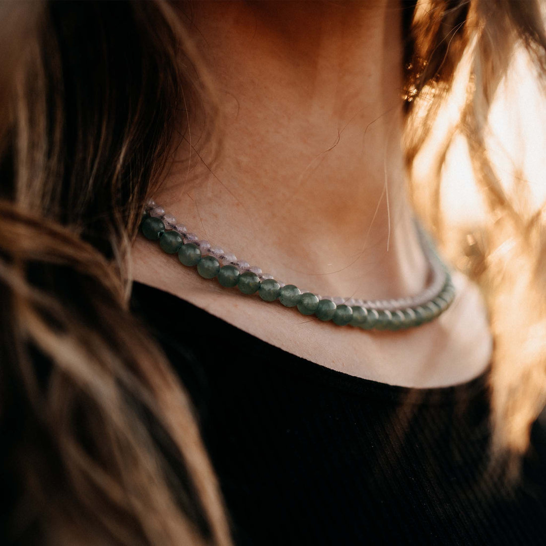 Necklace pearls green aventurine