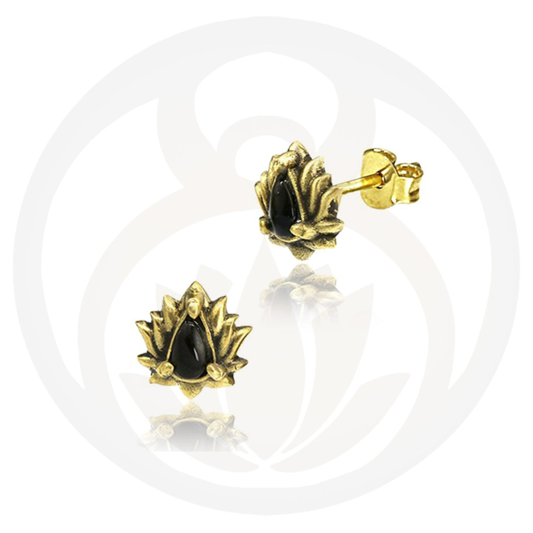 Lotus Gold Onyx Stud Earrings